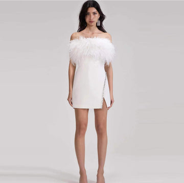 Woochic robe à plumes bustier fendue sertissage en strass blanc XS